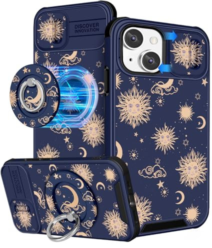 VincitoreModa for iPhone 14 Plus Case Women - [2in1] Cute Girls Sun Moon Stars Compatible with MagSafe Ring Stand Girly Slide Camera Cover Design for Apple for iPhone 14 Plus Phone Case 6.7