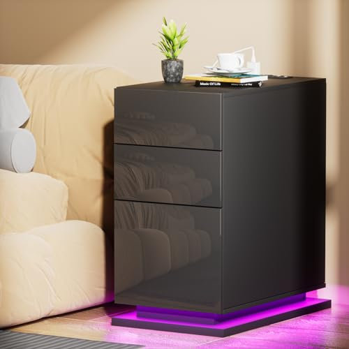HaodaCulture Nachttisch 30 cm Breit, Nachttisch Schmal mit Steckdose, Nachttisch mit Ladefunktion, 3 Schubladen, 2 USB Anschlüsse, 2 Steckdosen, Nachtschrank für Wohnzimmer, Schlafzimmer