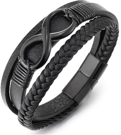 COOLSTEELANDBEYOND Schwarz Edelstahl Infinity Liebe Number 8 Freundschaft Drei Stränge Schwarz Geflochtene Leder Armreif Armband