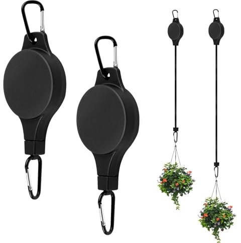 Hshenjhu 2 Stück Einziehbar Pflanzenrolle Haken Blumenhaken, Verstellbarer Blumenkorb Aufhänger, Pflanzen Einziehbarer Haken, für Hängende Pflanzenkörbe, Vogelfutterhäuschen (Schwarz)