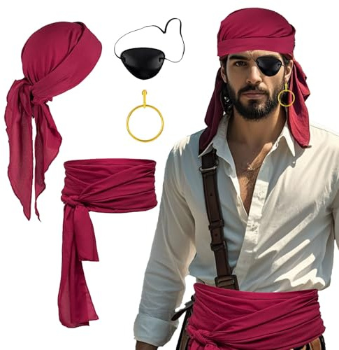 ASFWAGQ 3 Stück Piraten Kostüm Piraten Accessoires Piratenkostüm mit Augenklappe Kopftuch Piratentuch Schärpe Frauen Männer Pirat Captain Dress Up Set für Karneval Halloween Party