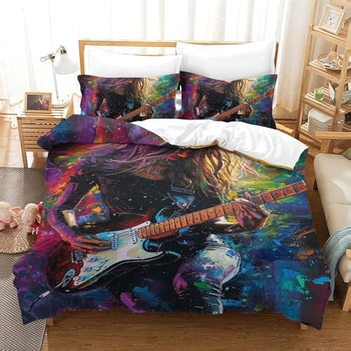BEDPOCHY Gitarre Bettbezug Bettwäsche Set Kinderbettwäsche-Set Reißverschluss Mit Kissenbezug Betten Set Für Jugendliche Kinder Schlafzimmer Single(140x200cm)