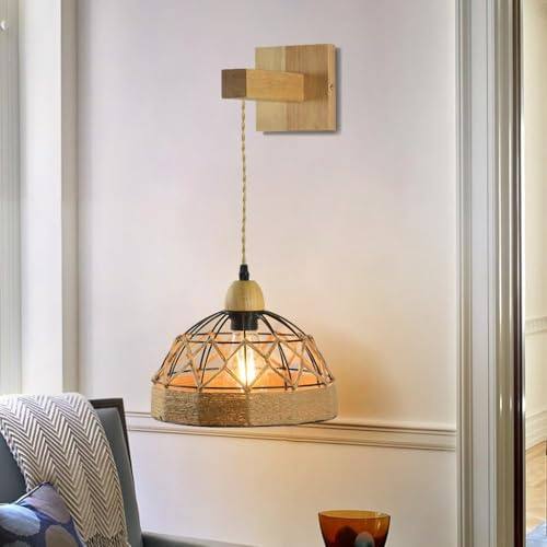 ENXING Vintage Wandlampe Industrielle Hölzerne Wandlampe Hanf Seil Wandlampe Indoor E27 Wandlampe Für Schlafzimmer Nachttisch Treppe Flur Cafe Wohnzimmer (Glühbirne Nicht Enthalten)(A)