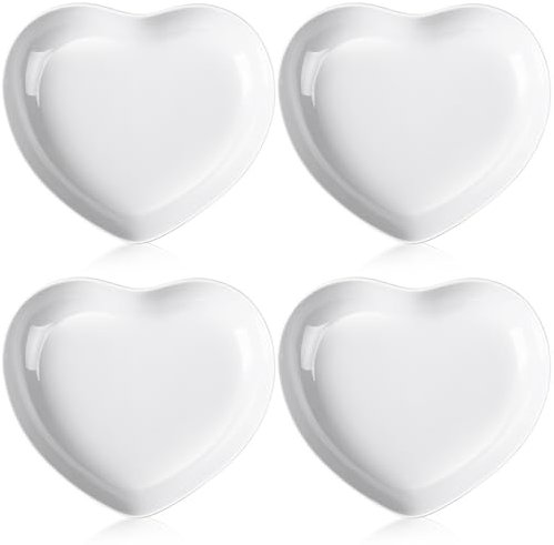 Tioncy 4 piatti in ceramica a forma di cuore, 22,9 cm, ciotole in porcellana a forma di cuore, piatti carini, piatti da cena, per dessert, insalata, antipasti, San Valentino, feste (bianco)