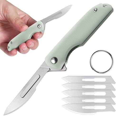 DRACHENADER Couteau à main Scalpel, Petit couteau de poche avec 5 Lames Interchangeables Figure 24, Liner Lock, Couteau porte-clés, Mini couteau pliant pour femme homme (D-Natur)