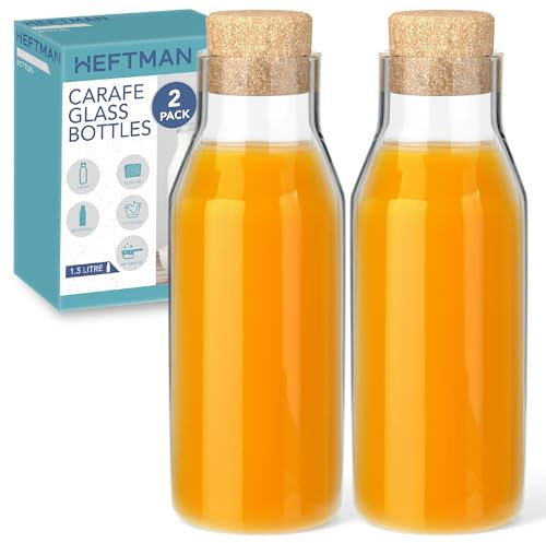 HEFTMAN Lot de 2 bouteilles en verre de 1,5 l avec couvercle en liège pour boissons chaudes et froides, bouteilles réutilisables d'adoucissant de tissu, bouteille de rangement avec bouchon
