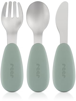 reer Silikon-Edelstahl Besteck | 3-teilig | für Babys & Kinder | ergonomisches und kindgerechtes Design | lebensmittelechtes Silikon, Edelstahl-Spitzen |spülmaschinenfest | grün/silber