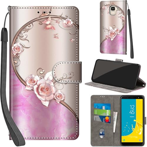 Handyhülle für Samsung Galaxy J6 2018 Hüllen Premium Leder Case Klappbar Wallet Magnet Kartenfach Standfunktion Schutzhülle kompatibel mit Samsung J6 2018 Cover,Rose