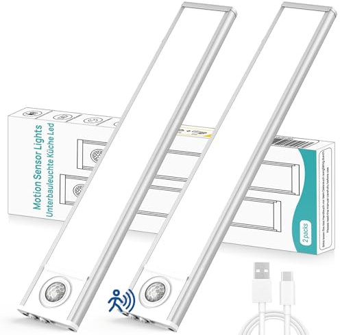 AUKZON Under Cabinet Kitchen Lights 2 Pack, 68 LED Motion Sensor Lights Indoor USB Rechargeable, 3000-6500K Dimmable, 3 Color Temps, Wireless Night Light for Wardrobe, Stairs, Cupboard