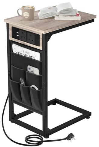 AMHANCIBLE C-Shaped Side Table with Charging Station, 2 USB & AC Outlets, Coffee Bedside Table with Cloth Storage Bag for Small Spaces, Sofa, Living Room, Bedroom, Grey HET04CGY-1