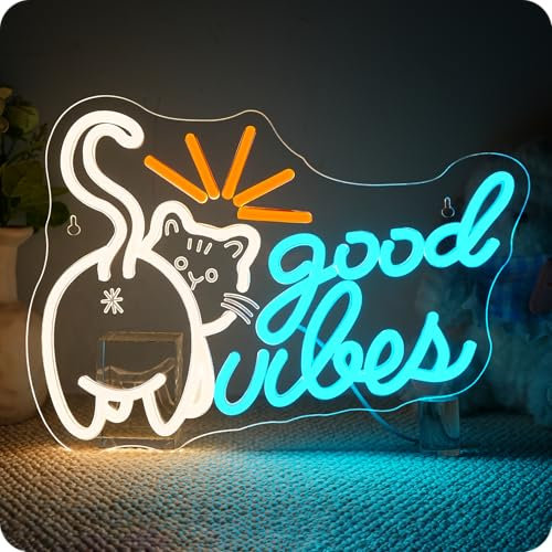 Horseneon Gattino Good Vibes Neon scudo, scritta Cat Good Vibes Neon Sign per la decorazione da parete, cartelli luminosi per soggiorno, sala giochi, ufficio, caffè, accessori per club