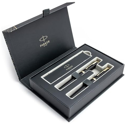 Parker IM Pen Set – Fountain Pen & Rollerball Pen – Sandblast Black Gold Trim – with Gift Box, Elegant Writing Gift for Professionals
