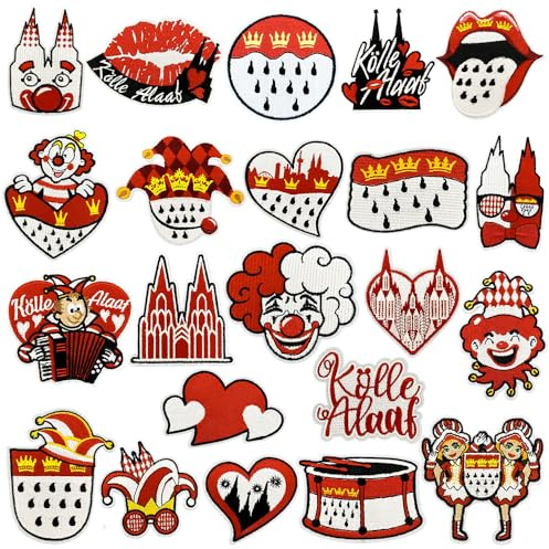 LYPPUL 22 Stück Kölner Karneval Rot Weiß Bügelflicken, Köln Bügelbilder Karneval, Kölner karneval Aufnäher, Faschingskostüme Clown Kostüm Accessoires für Kleidung Jeans Hosen Nähen Hüte Bastelzubehör