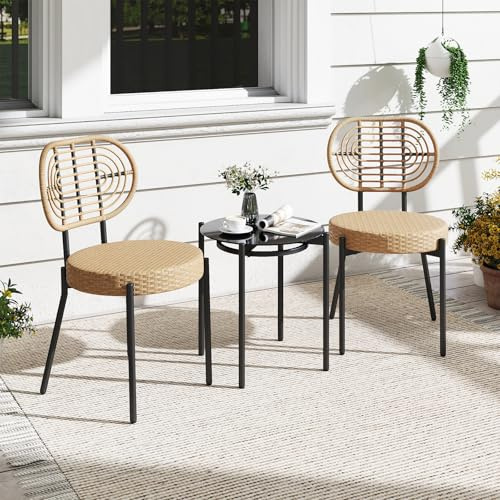GIANTEX 3 teiliges Bistroset, Gartenmöbel Set mit 2 Stühlen & 1 Tisch, Beistelltisch mit Glastischplatte, Gartenstühle aus PE-Rattan, für Terrasse, Balkon & Garten