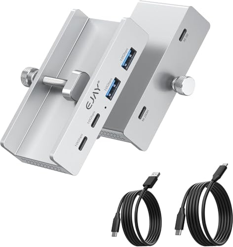 EJAY 10Gbps USB C Clamp Hub, 4-Port Splitter (2 USB-C & 2 USB-A 3.2 Gen 2), Mountable Aluminum Monitor Adapter for iMac Desktop (0.2-1.2 Adjustable), 5V Power Input with Data & Power Cables - Silver