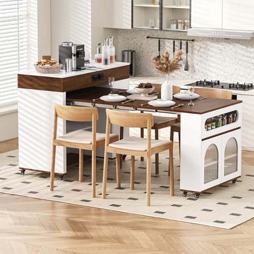 Îlot Central Cuisine à roulettes avec Rangement, Plan de Travail Extensible et multiprises – Desserte Multifonction Moderne Blanc + Finition Noyer avec Plateau en Verre nervuré