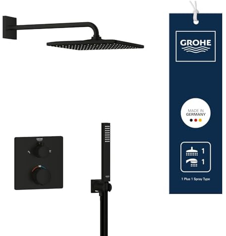 GROHE Precision 310, Unterputz Duschsystem (31cm Regendusche mit Thermostat, Kopfbrause 1 Strahlart, Duschkopf 1 Strahlart, Komplettset, 1,50m Duschschlauch), eckig, mattschwarz, 348812430
