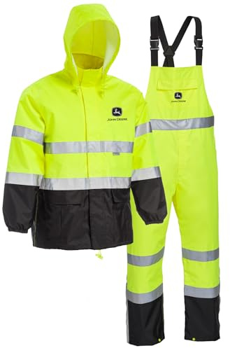 John Deere Unisex High Visability ANSI Class III Rain Suit Jacket and Bib with Color Block, High Visability, Water Resistant, and Reflective 3M Tape, Yellow, Black, X-Large (JD44530/XL)