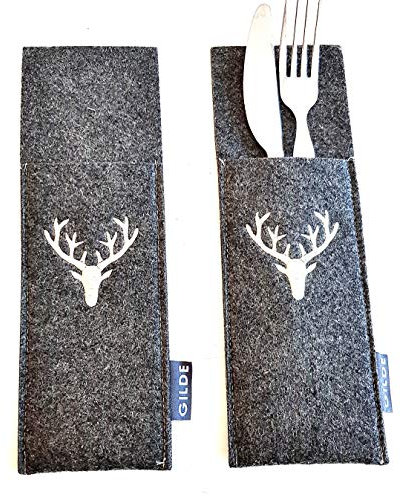GILDE Filz Besteckset für 2 Personen dunkelgrau mit Hirschkopf, Moderne Filz Besteckhalter mit Hirsch Motiv