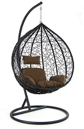 RAMROXX Luxus Hängesessel Schaukel Korb Polyrattan mit Gestell und Sitzkissen XXL