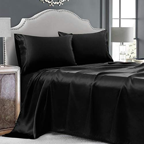 Cobedzy Satin-Bettlaken, King-Size, 4-teilig, seidig weiches Satin-Bettwäsche-Set mit tiefen Taschen, extra glattes und luxuriöses Mikrofaser-Bettlaken für Haar und Haut (schwarz)