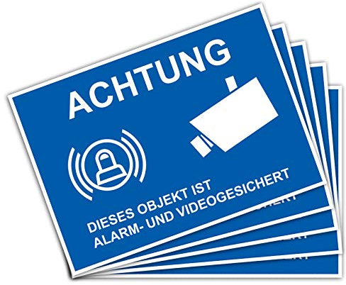 5 Stück Achtung dieses Objekt ist Alarm und Videogesicht dieser Bereich wird videoüberwacht in A6 14,8 x 10,5 cm Sticker mit UV Schutz für Außen-und Innenbereich