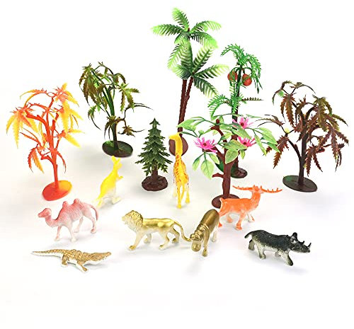 GIRAFEDA 26 Stück Tortendeko Bäume Mini Landschaft Set mit Geflügel Kuchendeckel Topper Selbständig Stehen Eisenbahn Landschaft Modellbau Bäume Kunststoff Tiermodellen für DIY Kuchendeko Gartendeko