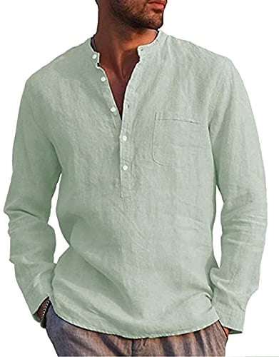 LVCBL Henley - Chemise d'été à Manches Longues pour Homme - Coupe Droite, Vert Clair, L