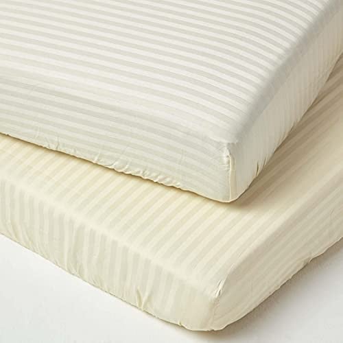 HOMESCAPES 2er-Set Damast Spannbettlaken für Kinderbett 70x140 cm vanille, Kinder-Spannbetttuch ägyptische Baumwolle mit Satin-Streifen