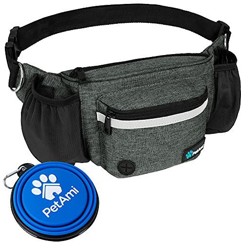 PetAmi Bauchtasche für Hunde, Leckerli-Tasche für Spaziergänge mit dem Hund, Training, integrierter Kotbeutelspender, Wasserflaschenhalter, Laufen, Trockenfutter (Anthrazit)