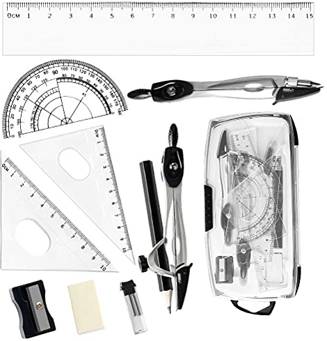 10 Pcs Maths Set, Geometry Sets Stationary Sets School Supplies - Compass Protractor Ruler Eraser Pencil Lead Refills Pencil and Pencil Sharpener Clear Case