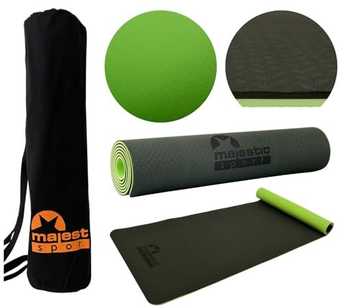 MAJESTIC SPORT Gymnastikmatte, Yogamatte Inkl. Tragetasche aus Baumwolle, rutschfest Trainingsmatte für Fitness Sportmatte, Pilates & Gymnastik TPE 183 x 61 x 0,6 cm Grün.