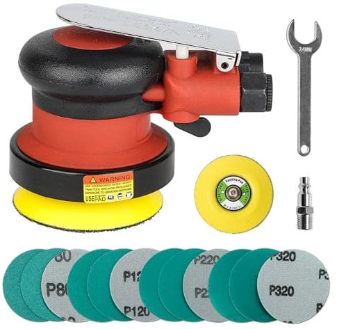 3 inch Mini Palm Air Sander, 3/32 Orbit, MAX12,000 RPM, Random Orbital Pneumatic Polisher with 10 sandpapers and 1 extra hook-loop backing pad (3inch)
