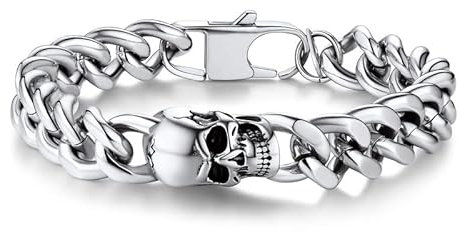 Bandmax Edelstahl Panzerkette Armband Herren mit Schädel Gotik Totenkopf Kubanisch Armband Männer Skelett Gliederkette Armreif 23cm Punk Panzerkette Armkette mit Totenköpfen Armschmuck für Vater