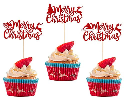36 Stück Merry Christmas Cupcake Toppers Frohe Weihnachten Kuchen Toppers Christmas Hat Cupcake Picks Merry Christmas Xmas New Year Theme Party Kuchen Dekorationen Zubehör Rot