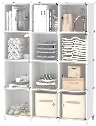 AWTATOS Cube Storage Closet Organizer 12 Cube Shelves with Doors,White | Portable Closet Organizers and Storage for Kids Cabinet DIY Stackable Clothes Organizer for Bedroom, Home Office