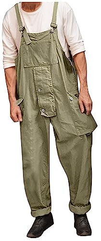 Salopette da uomo in denim, da uomo, in jeans, larga, vestibilità larga, pantaloni in denim, casual, retrò, con salopette, verde militare, XXL