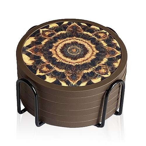 Lot de 6 dessous de verre absorbants pour boissons avec support – Dessous de verre en silicone avec insert en feutre doux (dessous de verre de 10,9 cm avec support de 11,4 cm, motif mandala double