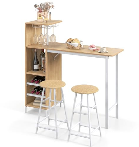 GOPLUS Ensemble Table de Bar et Tabourets 3 Pièces,Table Bistro avec Porte-Verres et Étagères, Table de Comptoir de Cuisine avec 2 Tabourets pour Maison, Salle à Manger, Restaurant, Bar (Naturel)
