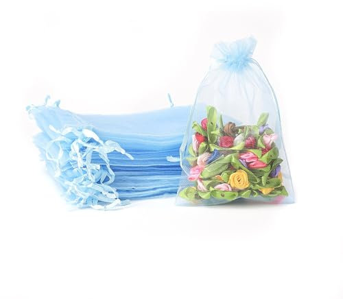 Whakano 40 Stück Bunt Organzasäckchen mit Kordelzug,Organzabeutel,Schmuckbeutel,GeschenkSack,für Hochzeit Geburtstag Süßigkeiten Schmuck Geschenkverpackung Party Mit Schnur,Hellblau,13x18cm