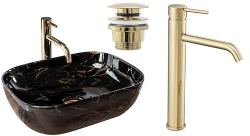 GTM Design Aufsatzwaschbecken Glanz Set mit Waschtischbatterie und Stopfen - Aufsatzwaschbecken Oval für Badezimmer - Modern Waschbecken ohne Hahnloch - Waschbecken mit Armature - Modell 4