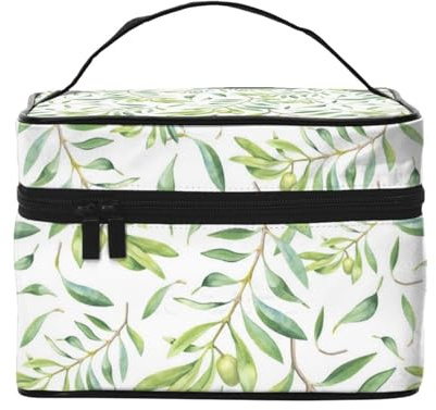 Makeup Bag,Large Cosmetic Bag Portable Travel Bag Leather Waterproof for Women Girls,Green Leaf Artistic Olive Tree Print