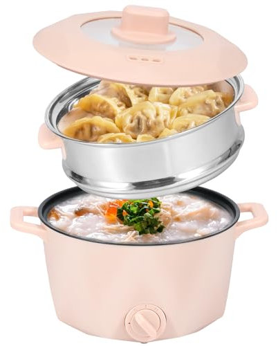 Electric Hot Pot with Stainless Steel Steamer, 2L Non-Stick Mini Electric Hot Pot, Portable 2 Gear Rapid Noodles Cooker,Multi-Function Hot Pot Cooker for Pasta Ramen Noodles Vegetables (Pink)