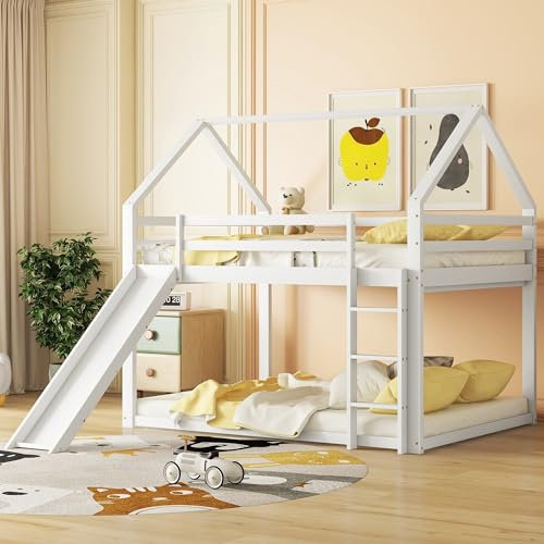 Etagenbett mit rutsche 140x200, Hausbett Kinderbett mit 1 Lattenrost und Leiter, Holzbett mit Rausfallschutz, Hochbett Doppelbett Bettgestell, Ohne Matratze (Weiß, 140x200)