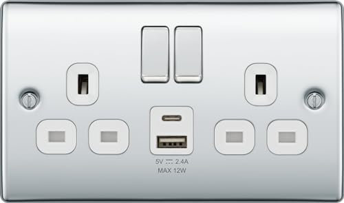 BG Polished Chrome Double Socket with USB 12W Type A & Type C USB NPC22UAC12W