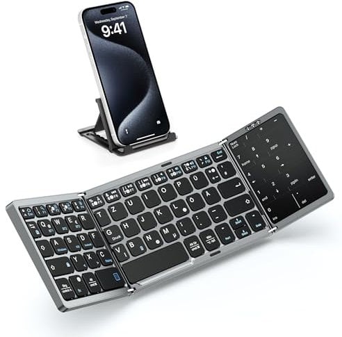 MoKo Faltbare Bluetooth QWERTZ Tastatur - Tragbar, Klappbar Mit Touchpad & Ziffernblock, Wiederaufladbar Mit Trackpad für Windows iOS Android Tablet/Handy/Laptop/PC, Deutsche Layout