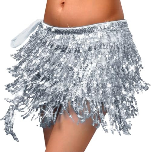 VEQENIFY Glitzer Pailletten Rock Damen,Stilvoll Glitzer Rock,Glänzend Fransen Pailettenrock,Halloween Quastenrock für Fasching Karneval Party