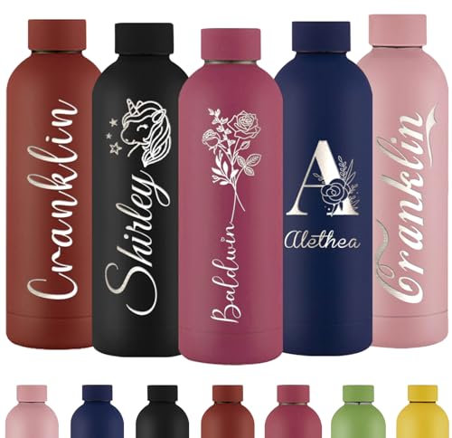 Personalisierte Trinkflasche Gravur Wasserflasche mit Namen Individuell Rostfreier Edelstahl Metall 500 ml Thermosflasche für Schule Büro Sport