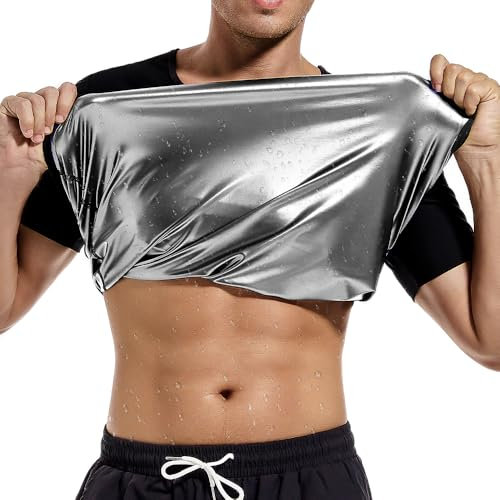 Sauna-Shirt für Herren, kurzärmelig, Schweißanzug für Gewichtsverlust, Herren, figurformend, Sauna-T-Shirt, Oberteil für Fitnessstudio, Schwarz (silberfarbene Innenseite), XX-Large