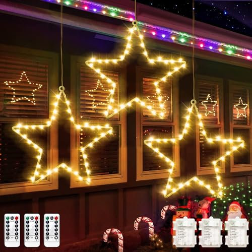 Weihnachtsdeko Fenster Weihnachtsbeleuchtung, 120 LED Stern Beleuchtet Lichterkette Batteriebetrieben 8 Modi mit Timer Fensterbeleuchtung Weihnachten Fenster deko Leuchtstern für Innen Außen(3 Stück)